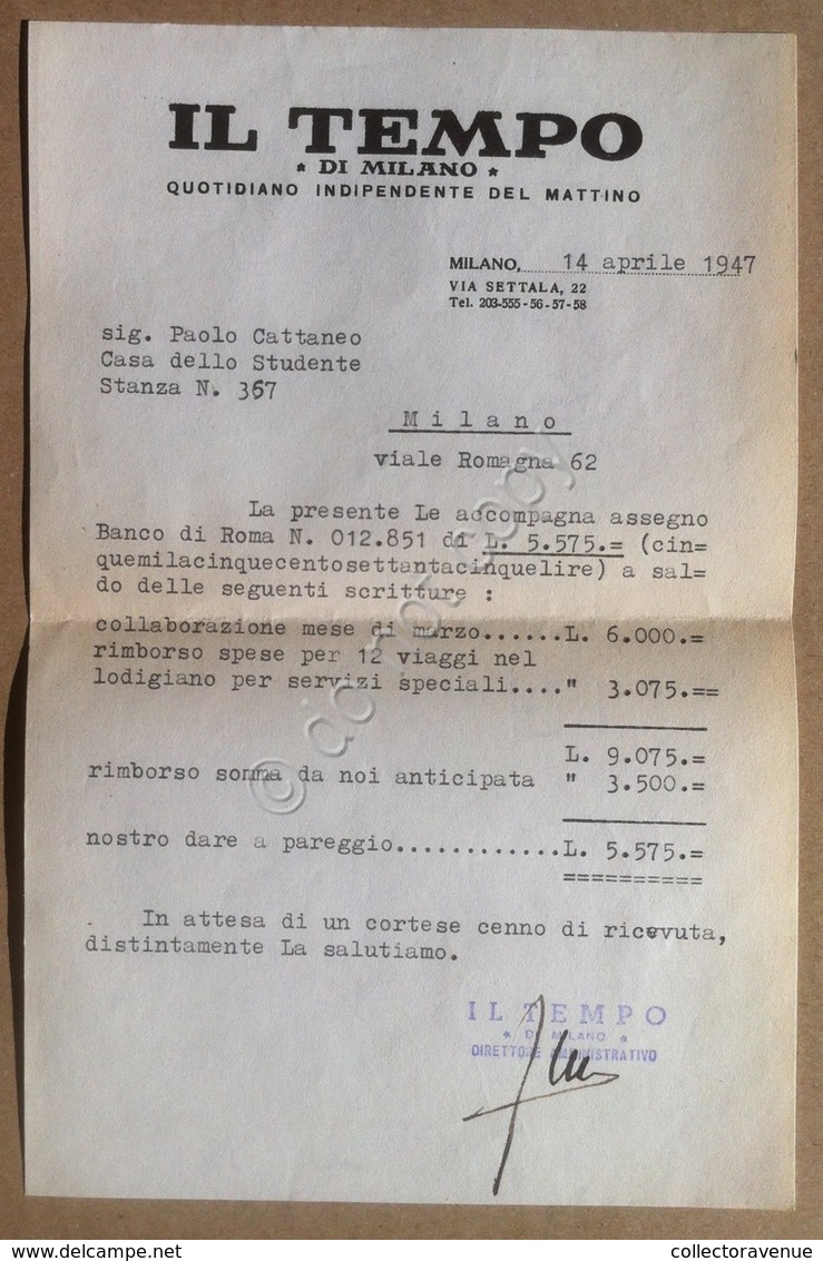 Italia - Il Tempo Quotidiano Milano 1947 - Lettera Dattiloscritta - Sin Clasificación