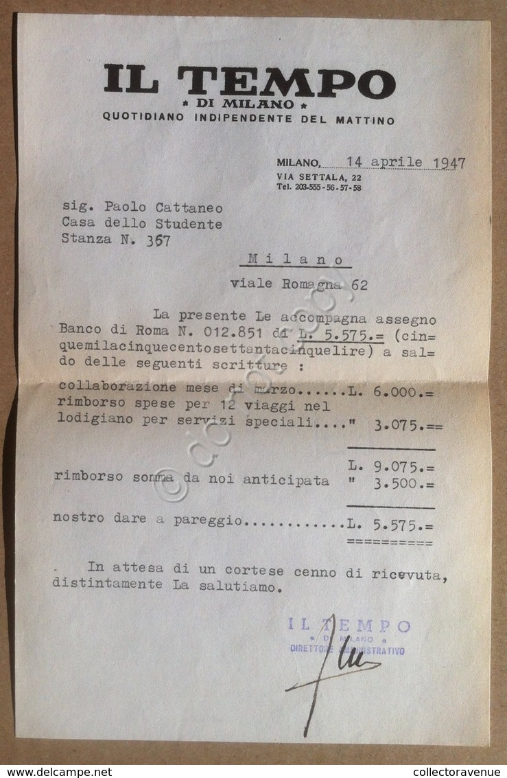 Italia - Il Tempo Quotidiano Milano 1947 - Lettera Dattiloscritta - Unclassified