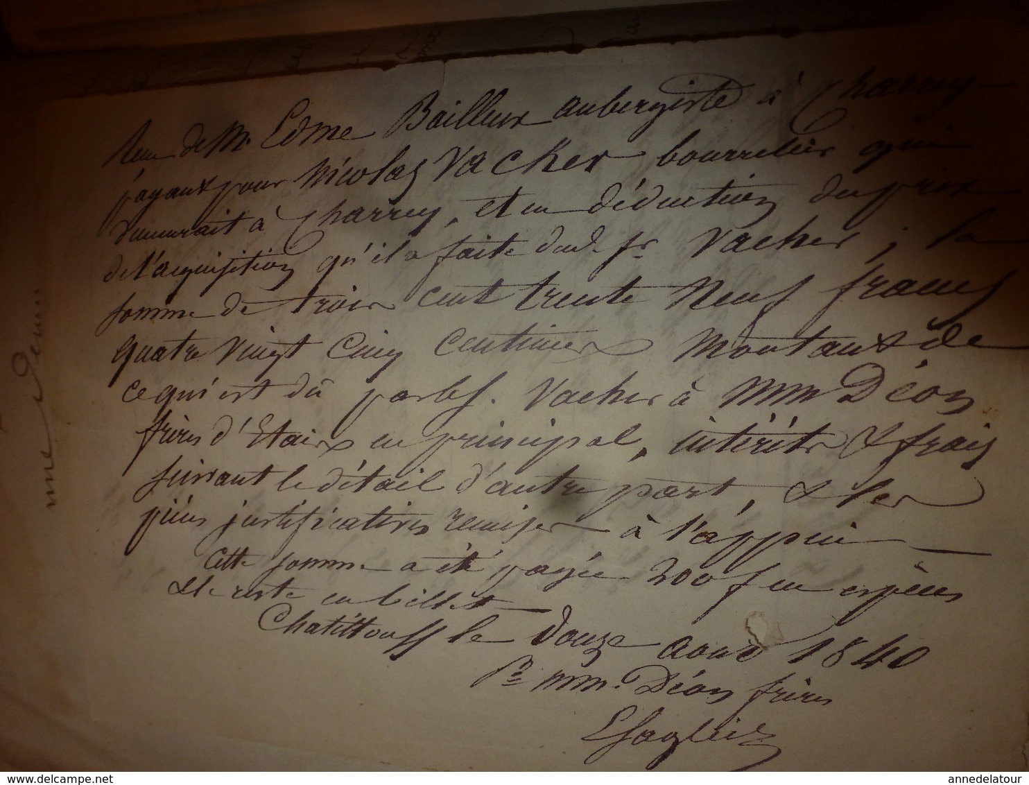 1840 Liasse de manuscrits -> Actes concernant Nicolas Vacher bourrelier à Charrey (21) et Bailleux Aubergiste à Charrey
