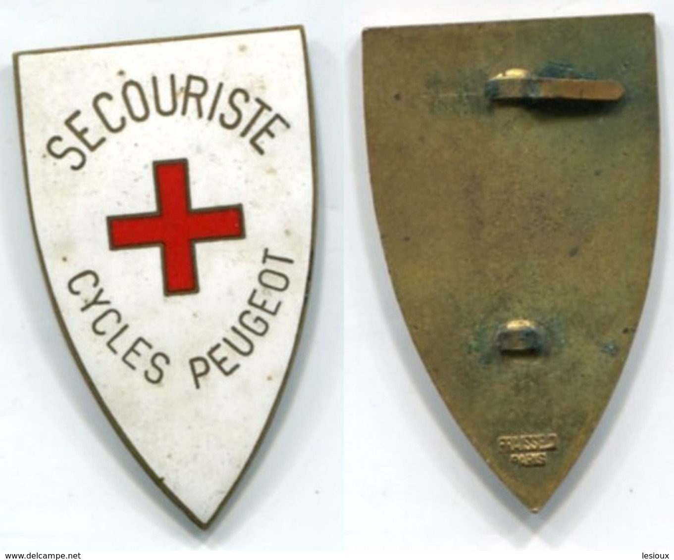 X144G ANCIEN INSIGNE EMAIL 30X50 MM SECOURISTE CYCLES PEUGEOT CROIX ROUGE SANS ATTACHE - Services Médicaux