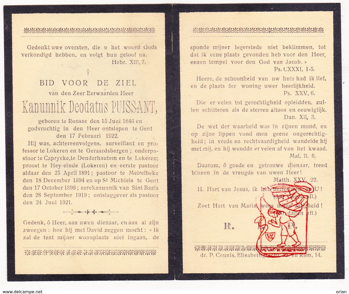 DP ZEH Kanunnik Deodatus Puissant ° Ronse 1846 Gent 1922 Lokeren Heiende Geraardsbergen Kaprijke Denderhoutem Merelbeke - Devotieprenten