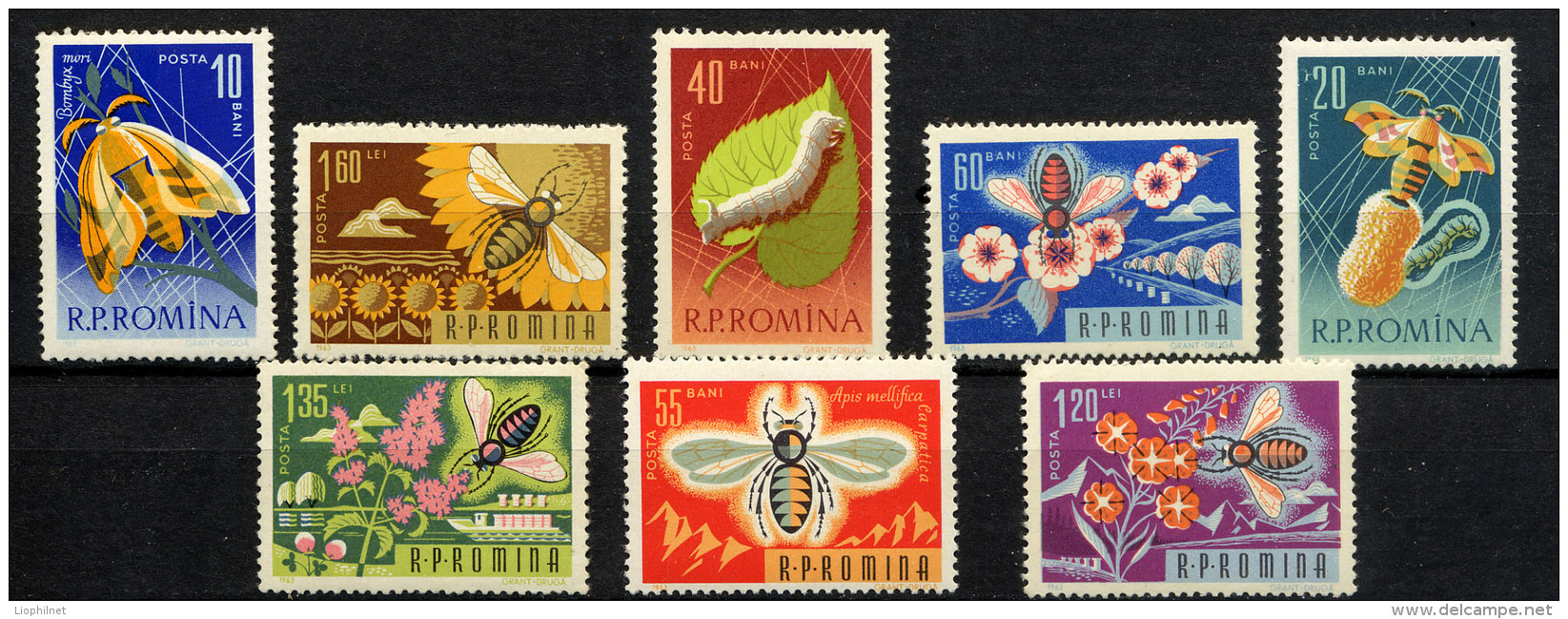 ROUMANIE ROMANA 1963, ABEILLES, VERS A  SOIE, 8 Valeurs, Neufs / Mint. R329 - Abeilles