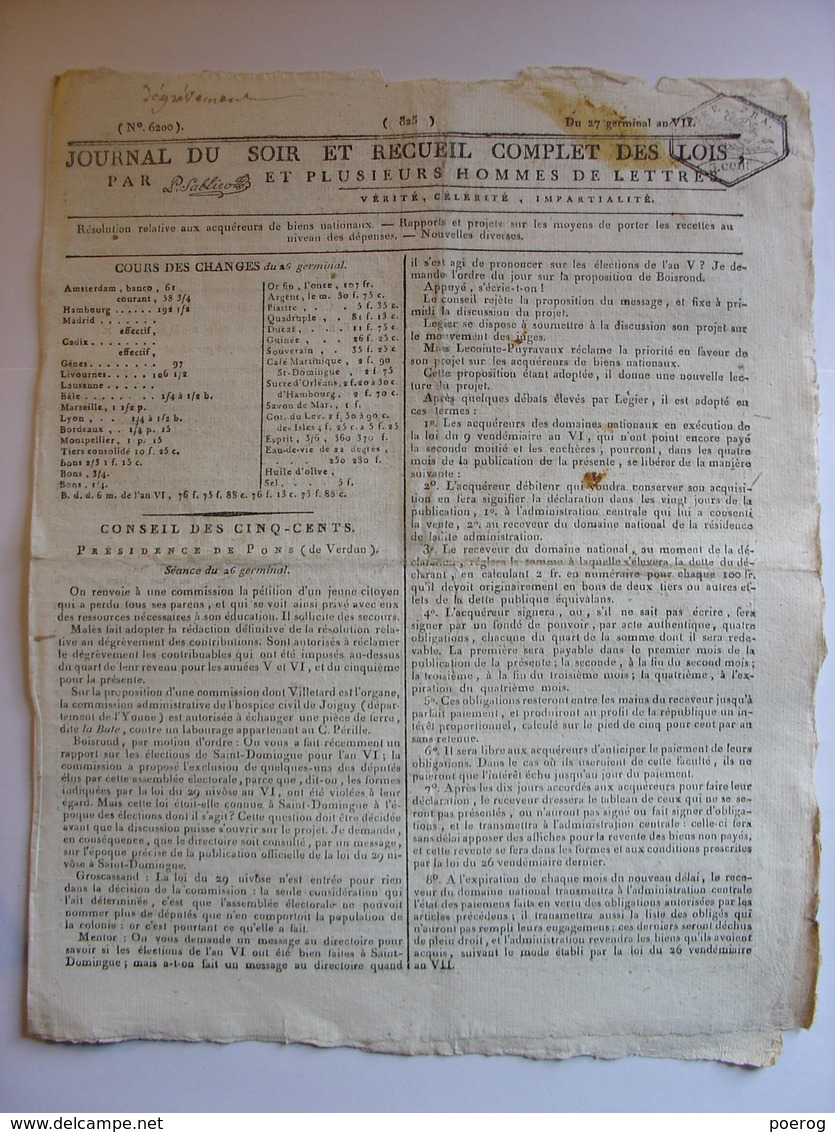 JOURNAL DU SOIR 16 AVRIL 1799 - CONDAMNATION GIBON CHOUAN - FAUX MONNAYEUR - DEMISSION BERNADOTTE MARINE COMBAT FREGATES - Giornali - Ante 1800