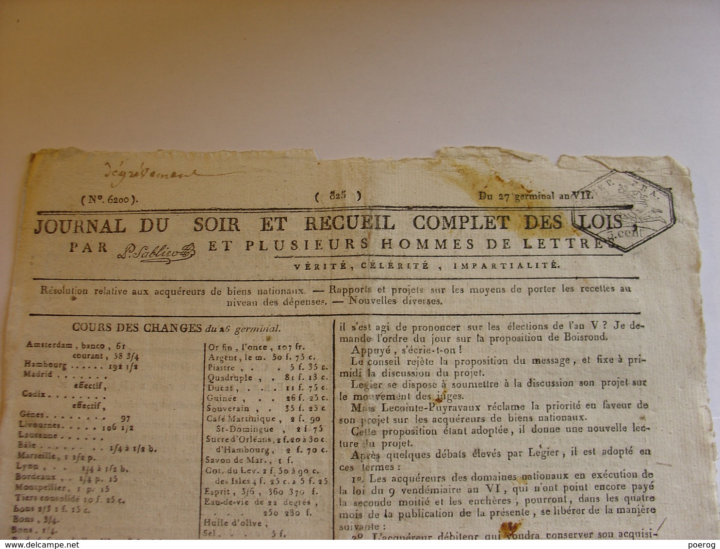 JOURNAL DU SOIR 16 AVRIL 1799 - CONDAMNATION GIBON CHOUAN - FAUX MONNAYEUR - DEMISSION BERNADOTTE MARINE COMBAT FREGATES - Zeitungen - Vor 1800