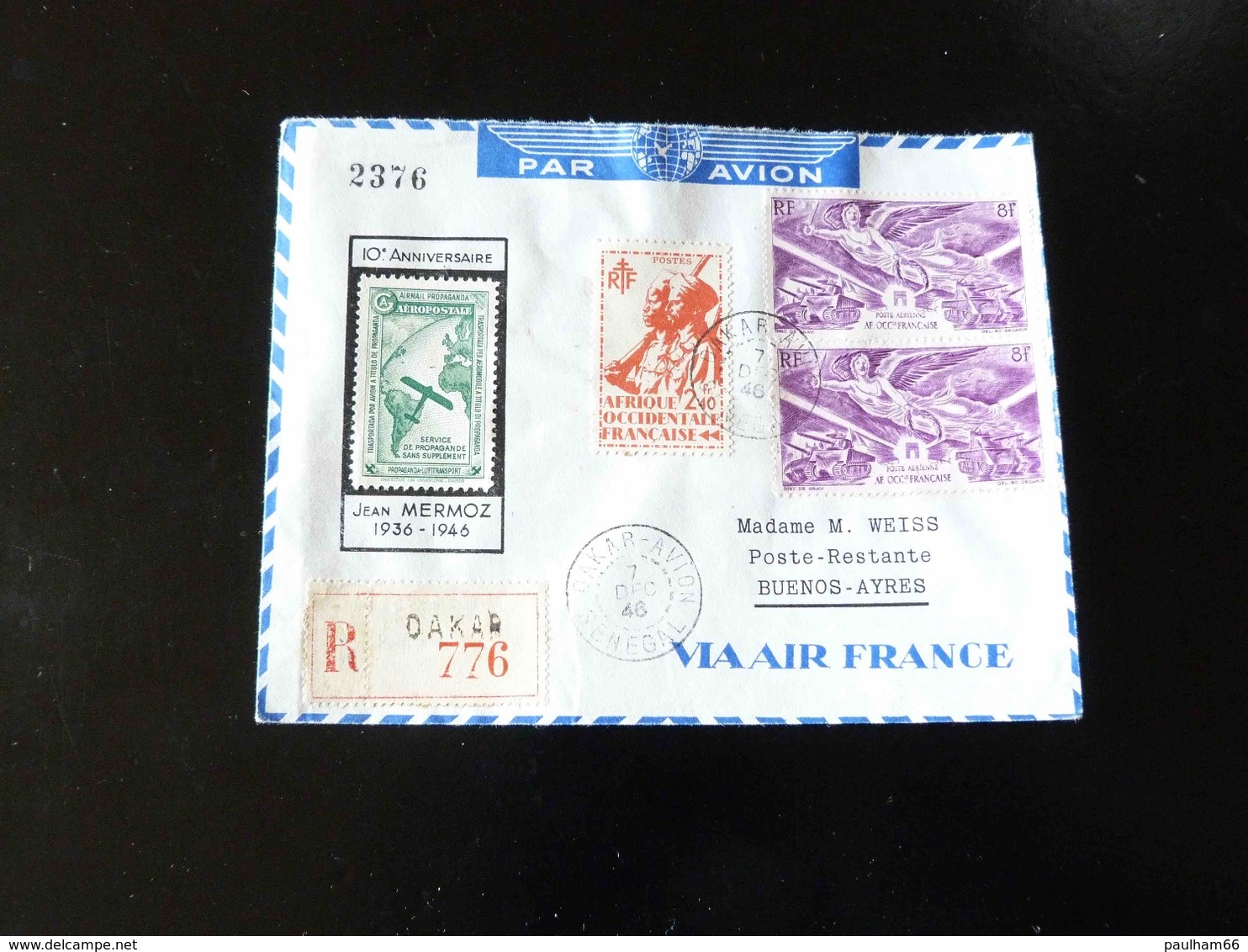 LETTRE POUR BUENOS AIRES  10 IEME ANNIVERSAIRE DE JEAN MERMOZ  RECOMMANDE DE DAKAR - 1960-.... Covers & Documents