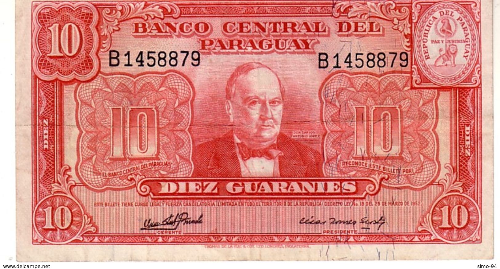 Paraguay P.187c 10 Guarani 1952 Xf - Paraguay