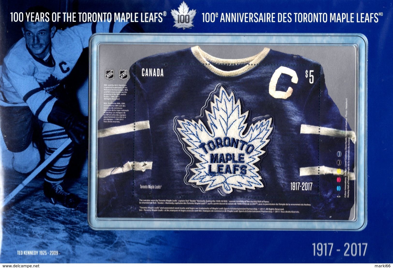 Canada - 2017 - 100 Years Of Toronto Maple Leafs - Mint Souvenir Sheet With Real Cut Emblem In Presentation Folder - Unused Stamps