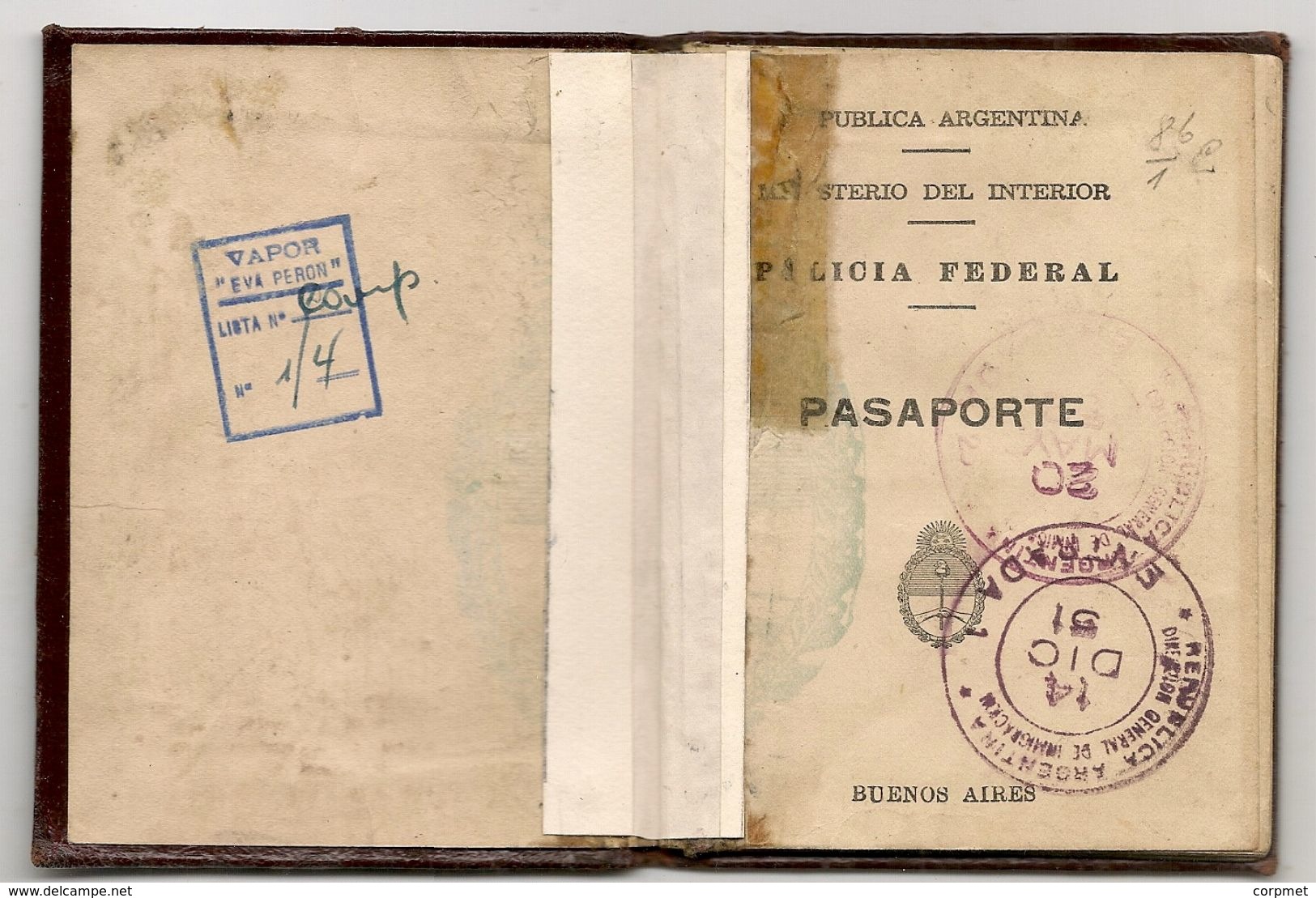 ARGENTINA 1951 PASSPORT- PASSEPORT -multiple VISAS And STAMPS - UK - ISRAEL - BELGIQUE - FRANCE - NEDERLANDS - SWEDEN - Historical Documents