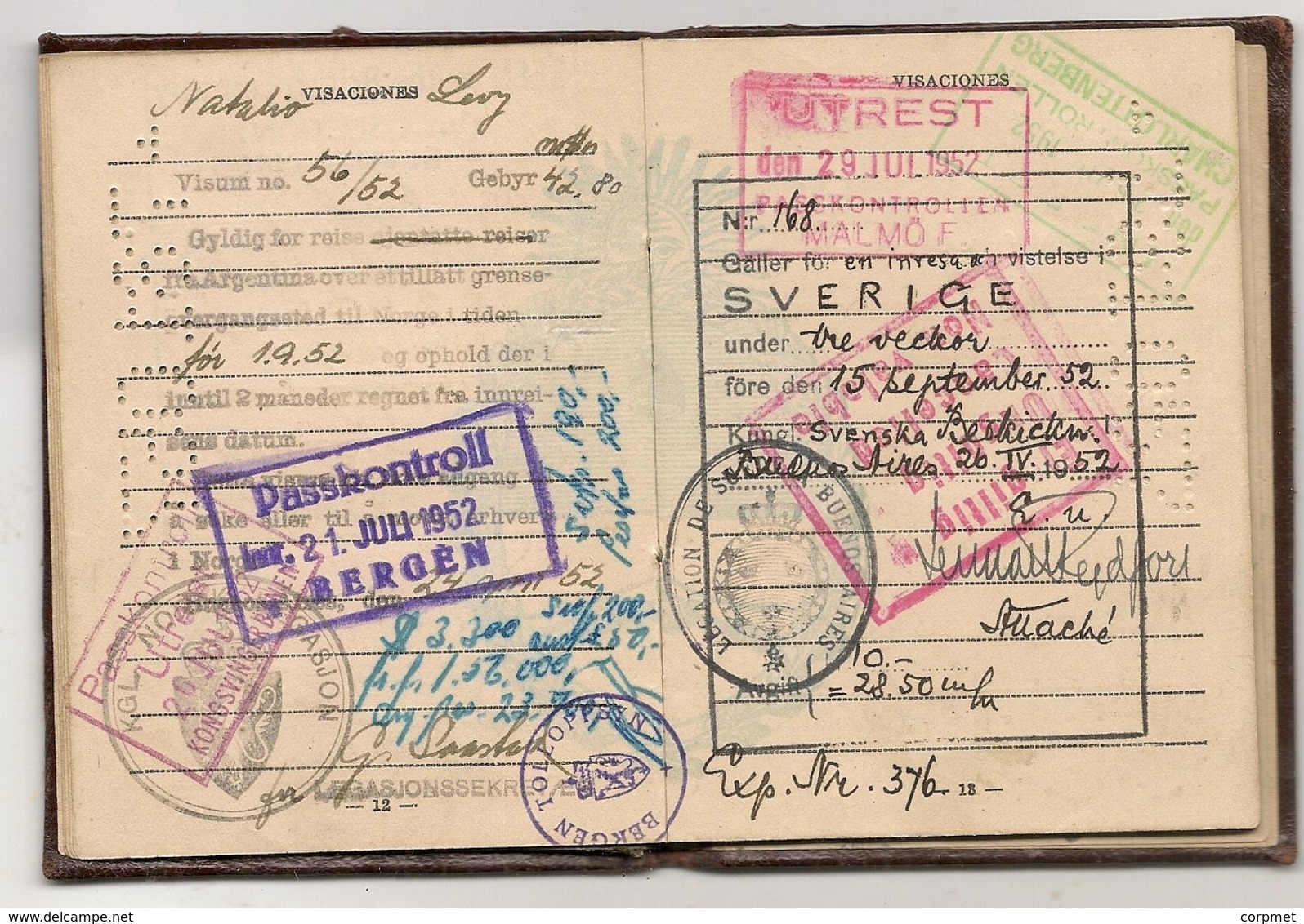 ARGENTINA 1951 PASSPORT- PASSEPORT -multiple VISAS and STAMPS - UK - ISRAEL - BELGIQUE - FRANCE - NEDERLANDS - SWEDEN