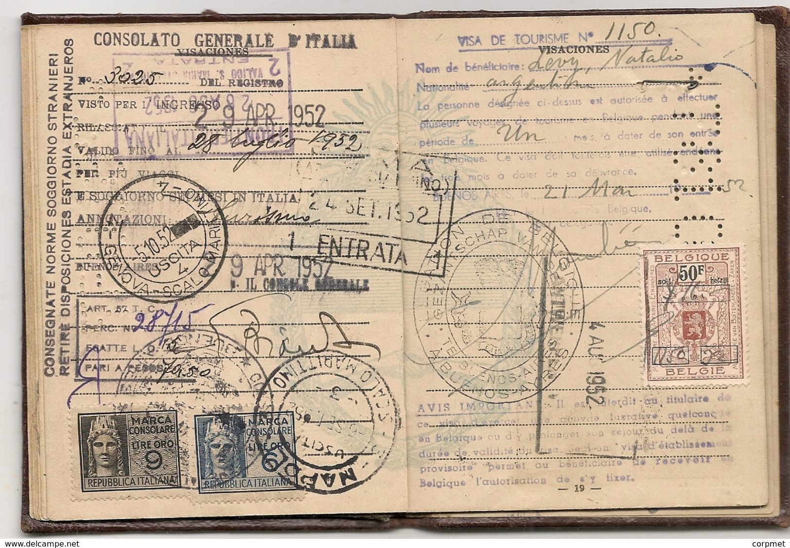 ARGENTINA 1951 PASSPORT- PASSEPORT -multiple VISAS and STAMPS - UK - ISRAEL - BELGIQUE - FRANCE - NEDERLANDS - SWEDEN