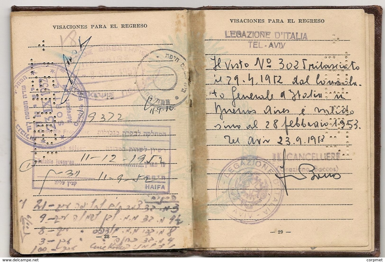 ARGENTINA 1951 PASSPORT- PASSEPORT -multiple VISAS and STAMPS - UK - ISRAEL - BELGIQUE - FRANCE - NEDERLANDS - SWEDEN