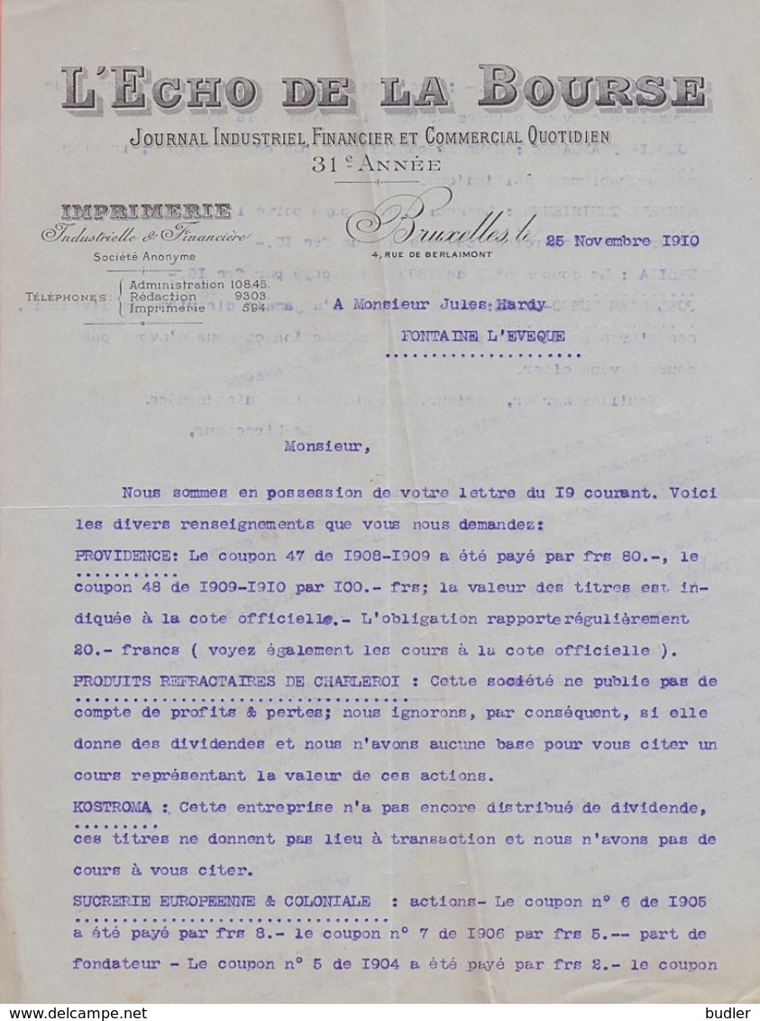 1910: Lettre De ## L'Echo De La Bourse, Rue De Berlaimont, 4, BR.## Au ## Notaire HARDY à FONTAINE-l'ÉVÊQUE ## - Printing & Stationeries