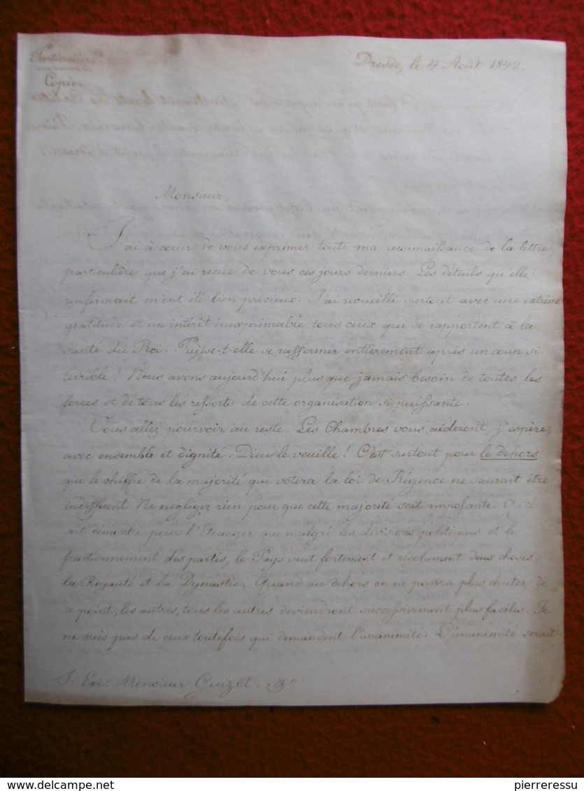 LETTRE PARTICULIÈRE MANUSCRITE A Mr GUIZOT LEGATION FRANCE A DRESDE 1842 - Historische Dokumente