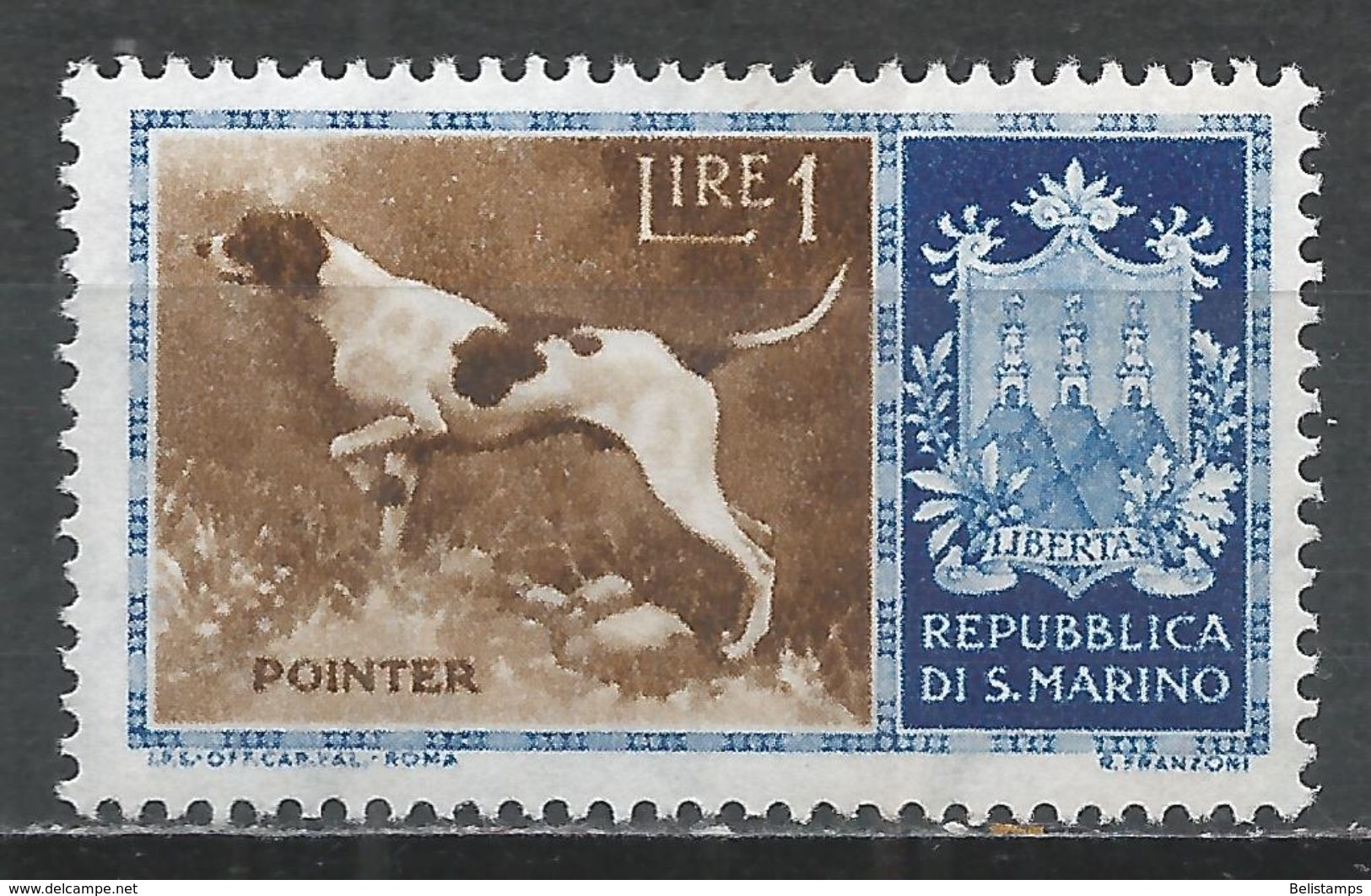 San Marino 1956. Scott #375 (MH) Dog, Pointer, Arms - Neufs