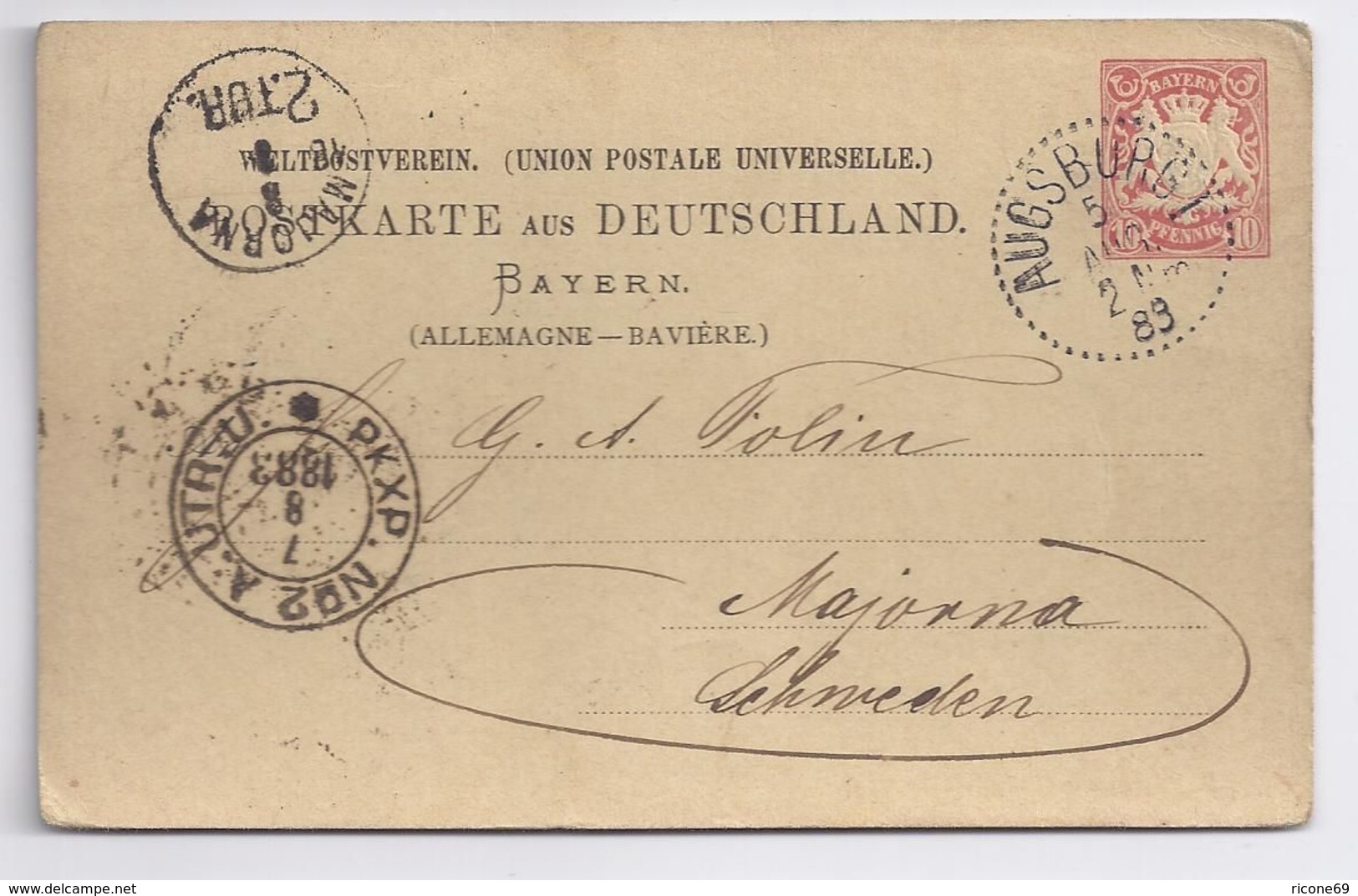 Bayern 1889, Punktstempel  Augsburg Auf Ganzsache N. Schweden. #295 - Other & Unclassified