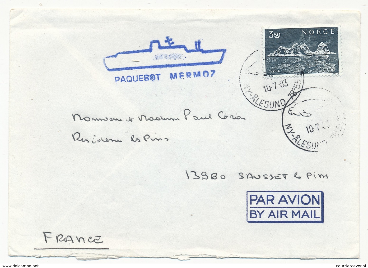 NORVEGE / FRANCE - Enveloppe Croisières Paquet - LY Ålesund (Norvège) 1983 Cachet "Paquebot Mermoz" - Schiffspost