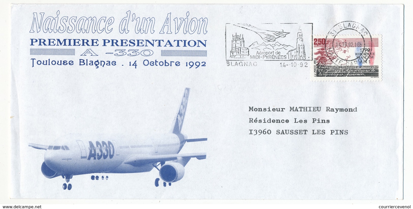 FRANCE - Enveloppe - Première Présentation A 330 - Toulouse Blagnac - 14 Octobre 1992 - Other & Unclassified