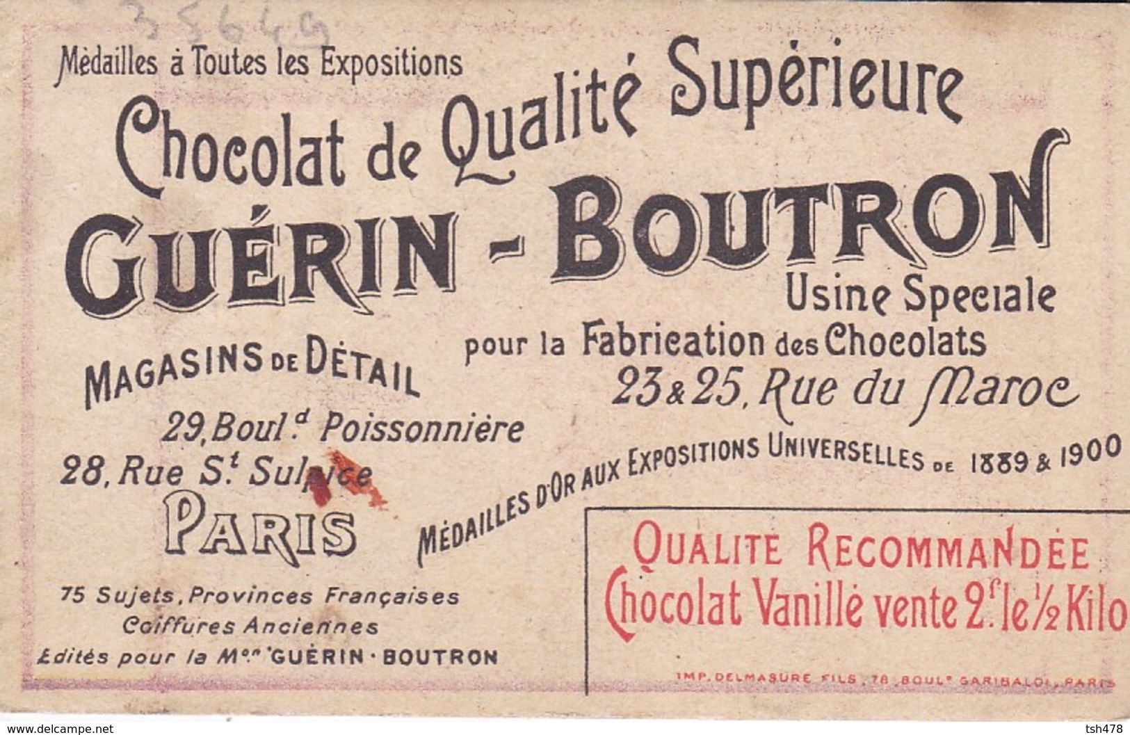 CHROMO-PUB  GUERIN-BOUTRON--chocolats--PONT-L'EVEQUE---provinces Françaises-coiffures Anciennes-voir 2 Scans - Thé & Café