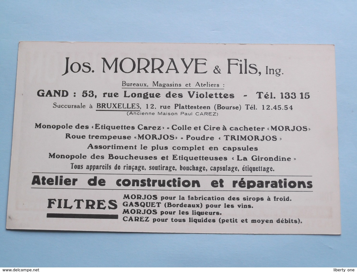 Une Firme - Un Nom - UN BOUCHON " MORJOS " Jos MORRAYE & Fils GAND / Bruxelles ( Zie Foto's ) RECLAME / PUBLI ! - Autres & Non Classés