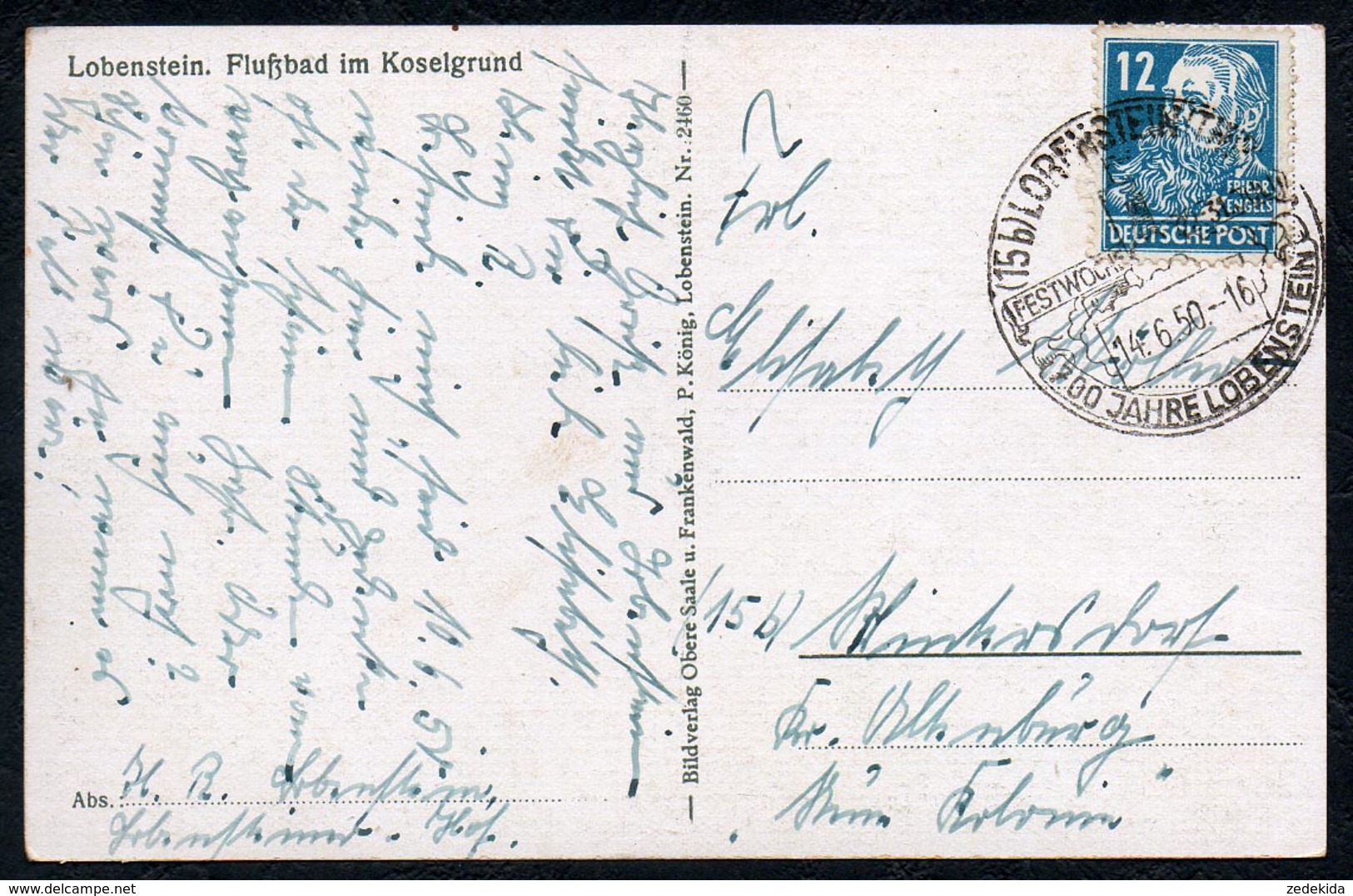 B2829 - Lobenstein - Flußbad Im Koselgrund - Gel 1950 Sonderstempel - P. König - Lobenstein