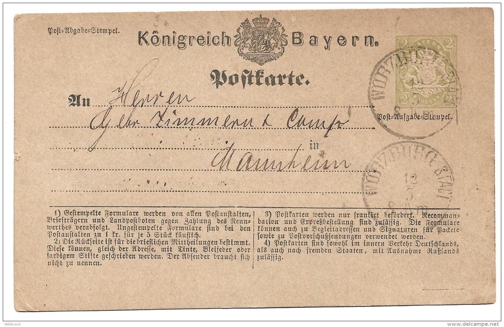 Bavaria Bayern (Germany) - Michel #1 Ganzsachen Yellow-green -- 1874 -- Wurtzburg - Mannheim - Otros & Sin Clasificación