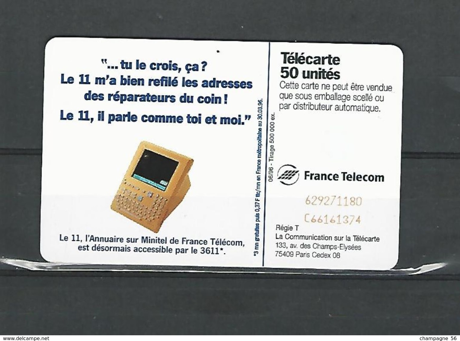 VARIÉTÉS FRANCE TÉLÉCARTE 1996  F662  980 SC7  06 / 96 LE 11 MOB   50 UNITÉ  UTILISÉE - Variétés