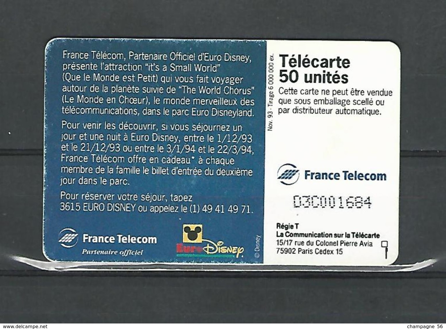 FRANCE TÉLÉCARTE 11 / 93 CADEAU EURODISNEY  F448E  OB1   50 U UTILISEE - Disney