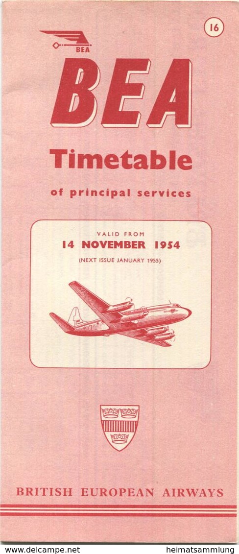 BEA Timetable 1954 - British European Airways Fahrplan - Faltblatt - Europa