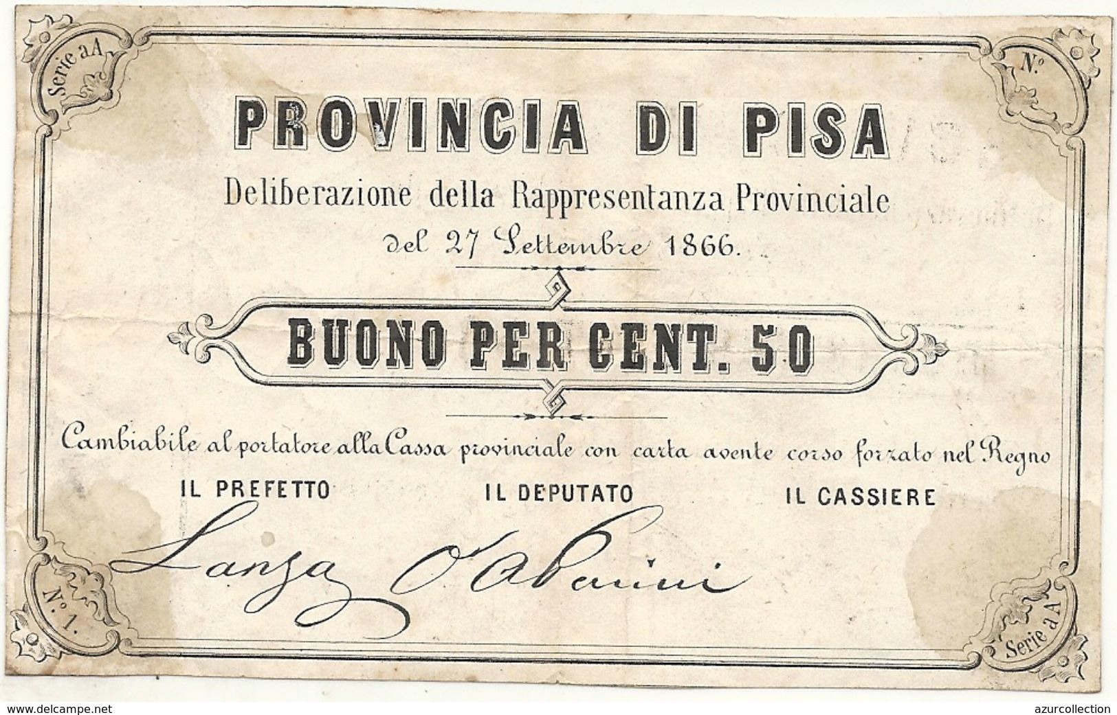 PROVINCIA DI PISA . 1866 . BUONO PER CENT.50 - Autres & Non Classés