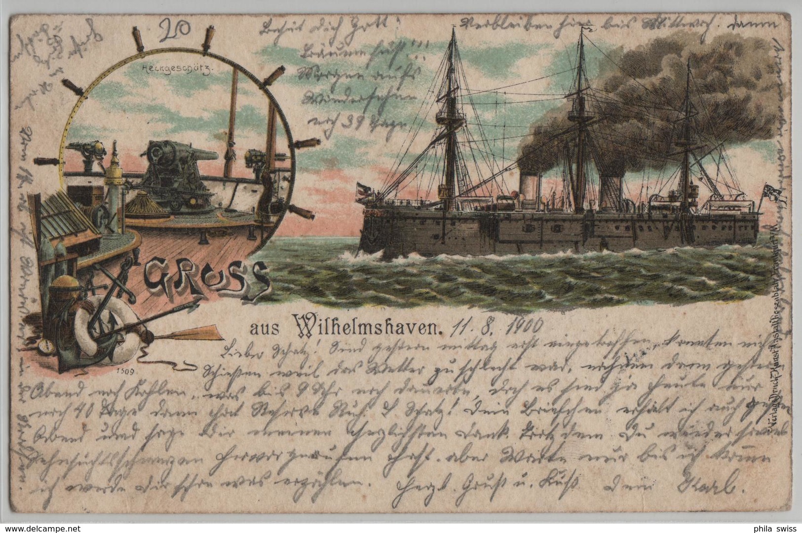 Gruss Aus Wilhelmshaven - Heckgeschütz, Dampfer - Lithographie Litho - Wilhelmshaven