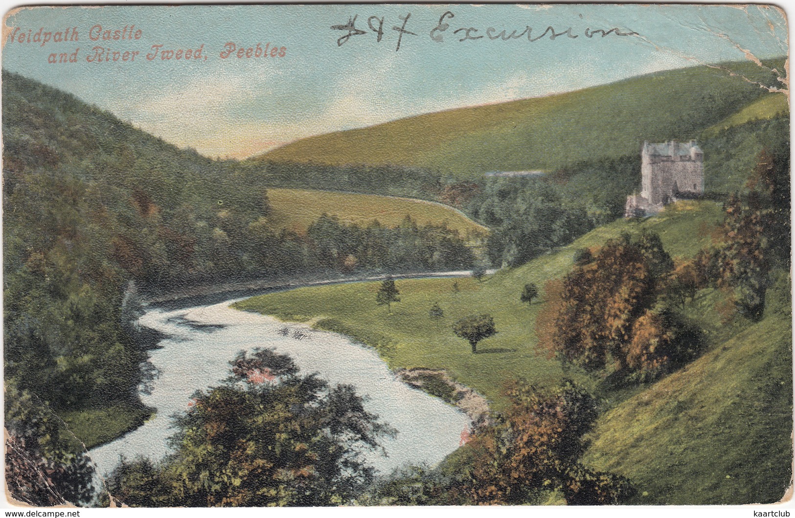 Neidpath Castle And River Tweed, Peebles - 1905 - (Postmarks: Peebles, New York Due 2 Cents, Brockton, USA) - (Scotland) - Peeblesshire