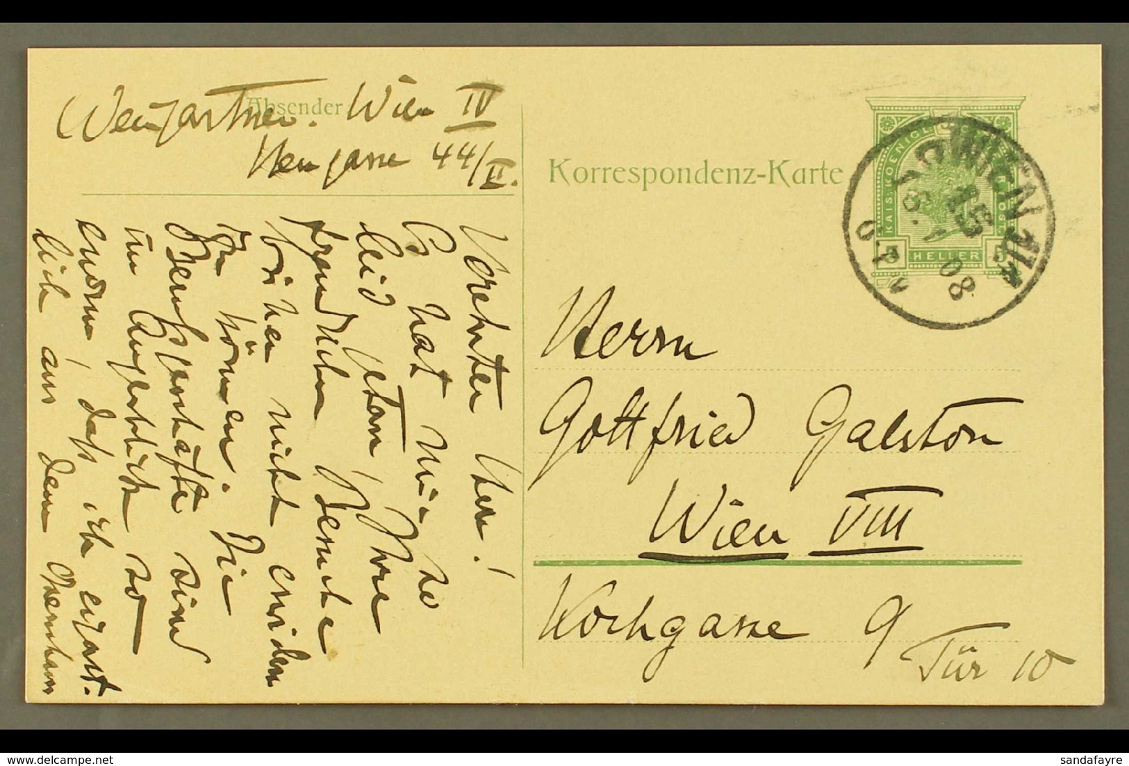 FAMOUS COMPOSER & CONDUCTOR - FELIX VON WEINGARTNER  1908 (January) Austrian 5h Postal Card Postmarked And Sent Within V - Sonstige & Ohne Zuordnung