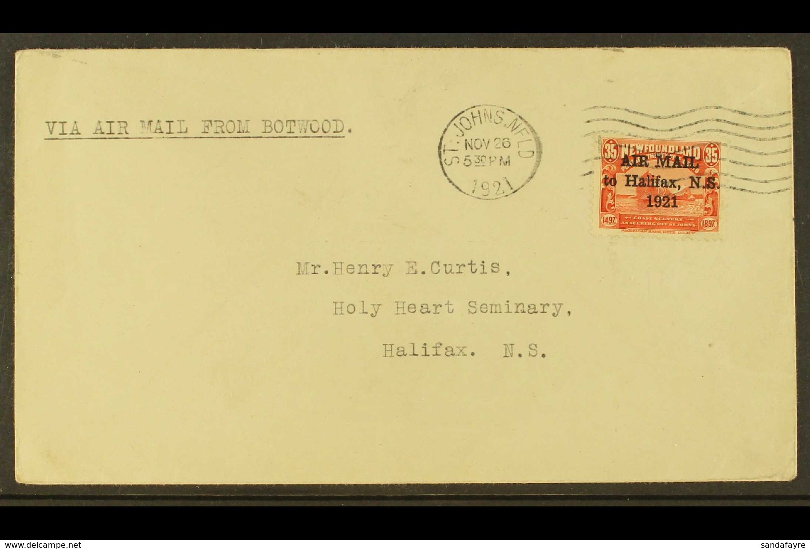 1921 AIRMAIL COVER ( WITH  NO STOP VARIETY)  (26 Nov) Airmail Cover To Halifax, Nova Scotia, Endorsed 'Via Air Mail From - Altri & Non Classificati
