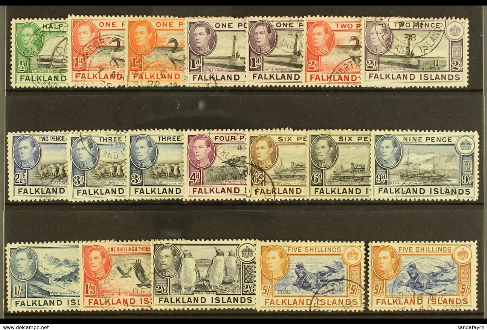 1938-50  USED DEFINITIVE Set To Two Different 5s Shades, SG 146/161b, Fine Used (19 Stamps) For More Images, Please Visi - Falklandinseln