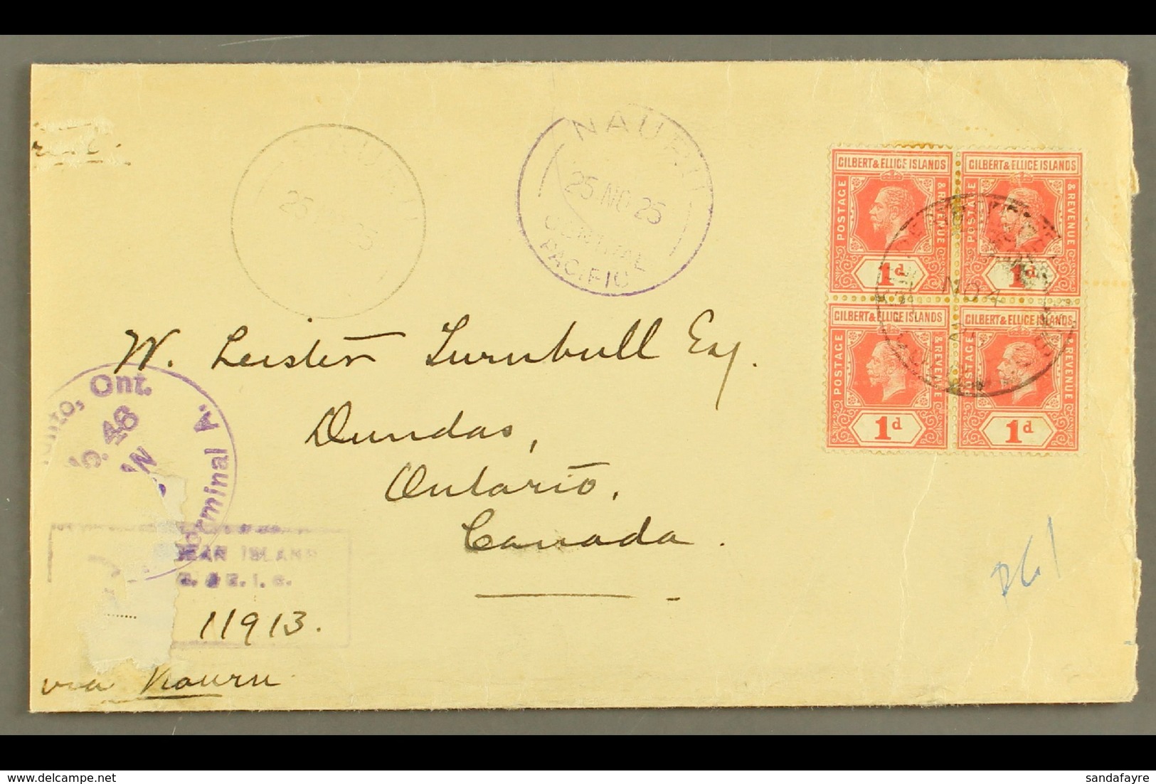 1925  (4 Nov) Registered Cover To Canada, Bearing 1912-24 1d Block Of 4 Cancelled By "Gilbert & Ellice Islands Colony" C - Isole Gilbert Ed Ellice (...-1979)