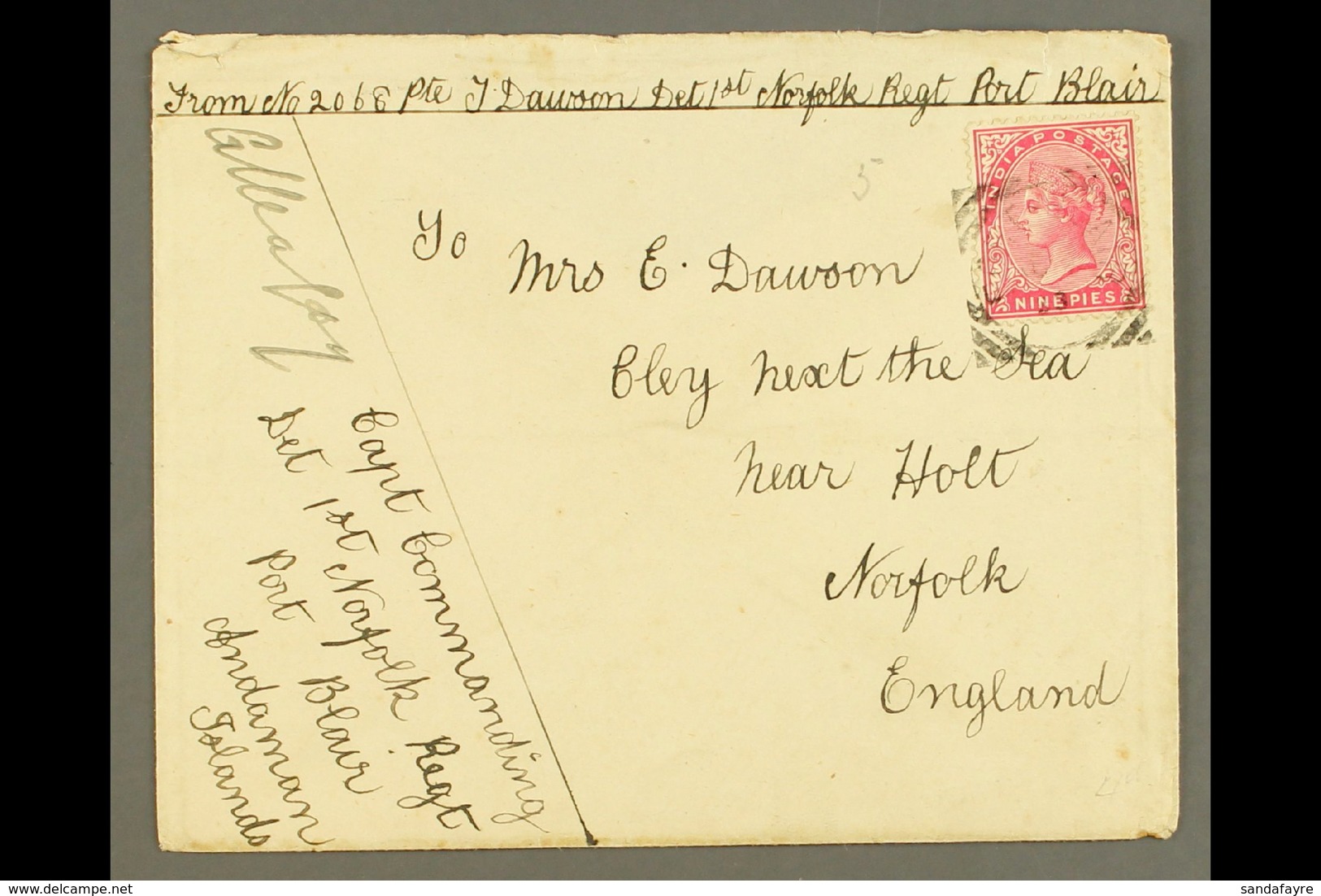 1893 ANDAMAN ISLANDS MILITARY MAIL.  1893 (Aug) Envelope (flap Partially Missing) To Norfolk, England, Bearing India 9p  - Altri & Non Classificati