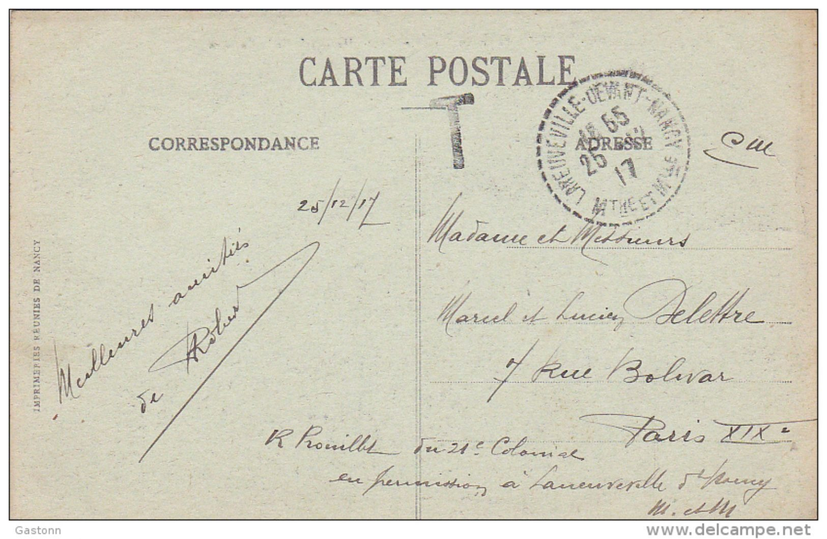 1917 CM Taxe T Laneuveville Devant Nancy Meurthe Et Moselle Cachet Pointillé - Du 21e Colonial En Permission - 1. Weltkrieg 1914-1918