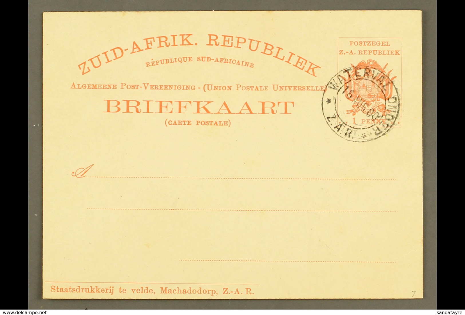 TRANSVAAL (ZAR)  POSTAL STATIONERY 1900 1d Postal Card, H&G 7, Very Fine With WATERVAAL ONDER / Z.A.R Cto Cancellation O - Non Classificati