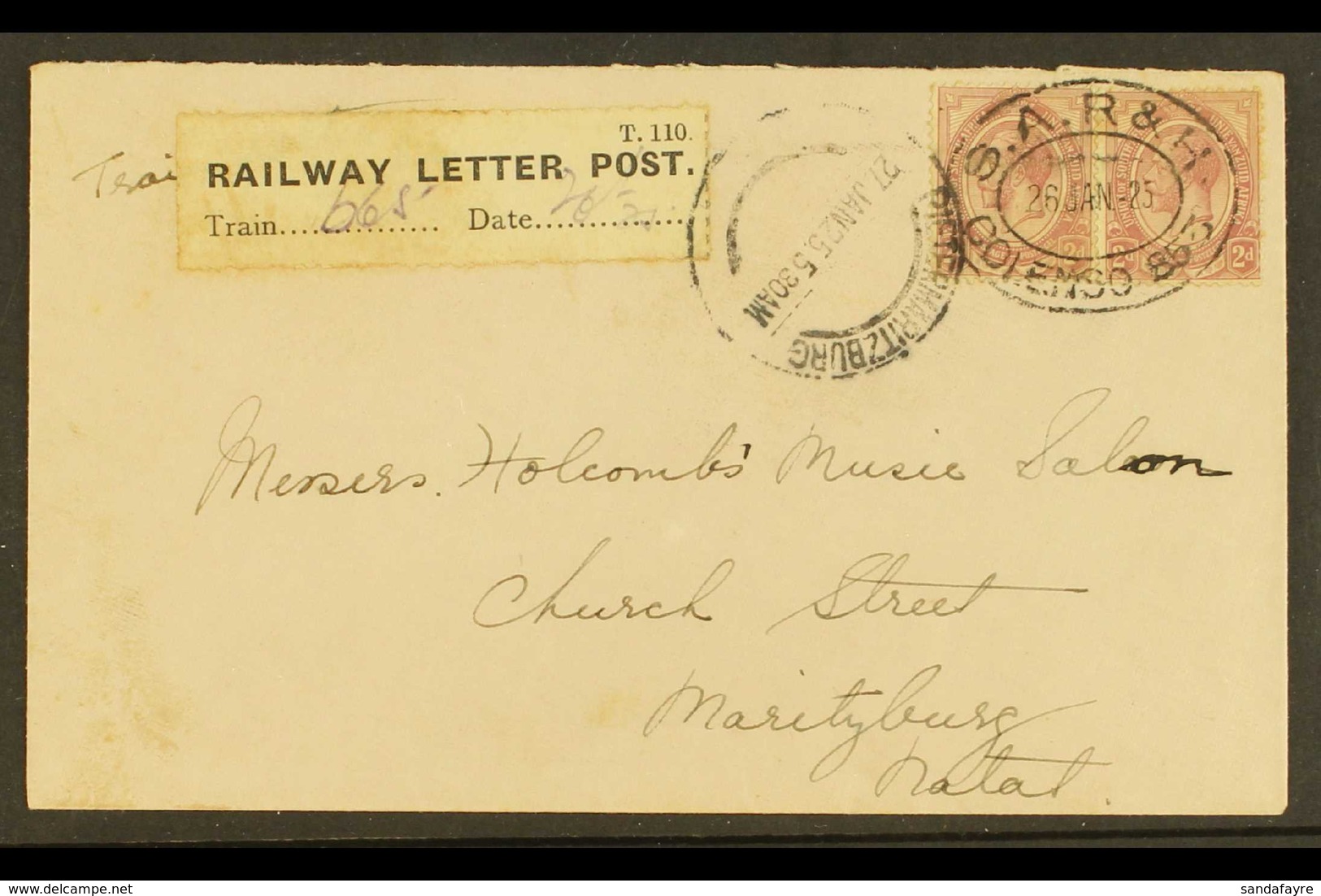 1925 RAILWAY LETTER POST COVER  2d KGV Pair On Cover, Cancelled With Oval "S.A.R. & H. COLENSO 853" 26.1.25 Postmark, "T - Unclassified