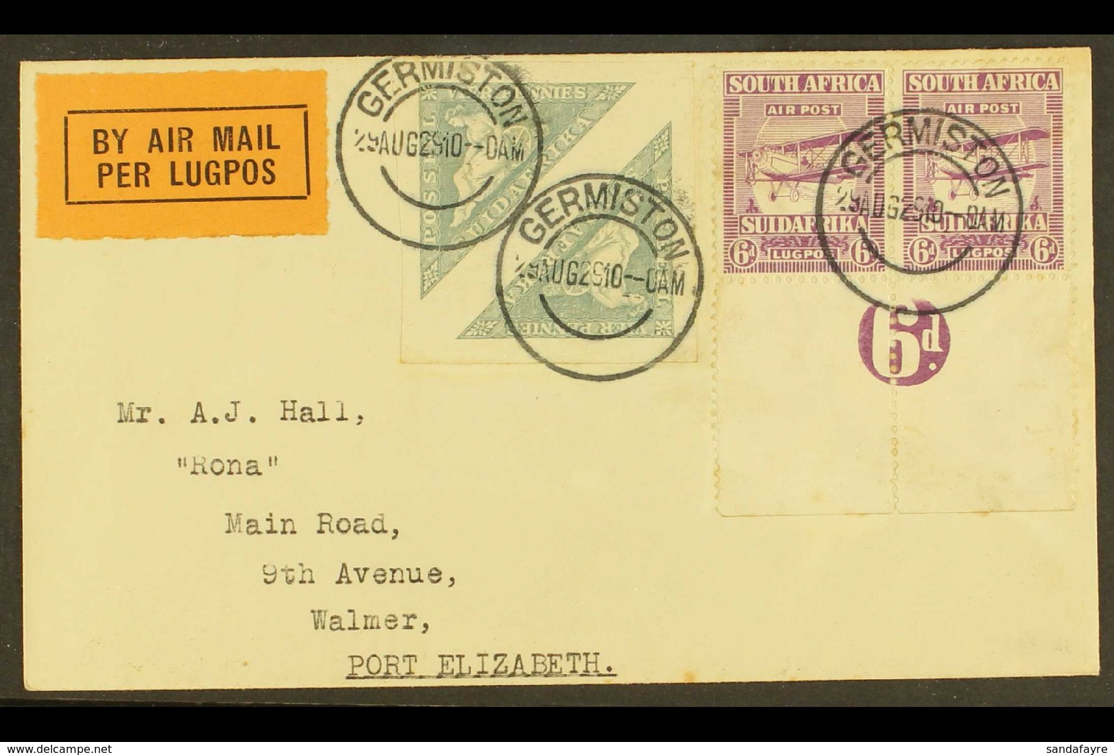 1929  (29 Aug) Airmailed Cover To Port Elizabeth, Franked With 1926 4d Triangle Pair & 1925 6d Airmail Numeral Margin Pa - Non Classificati