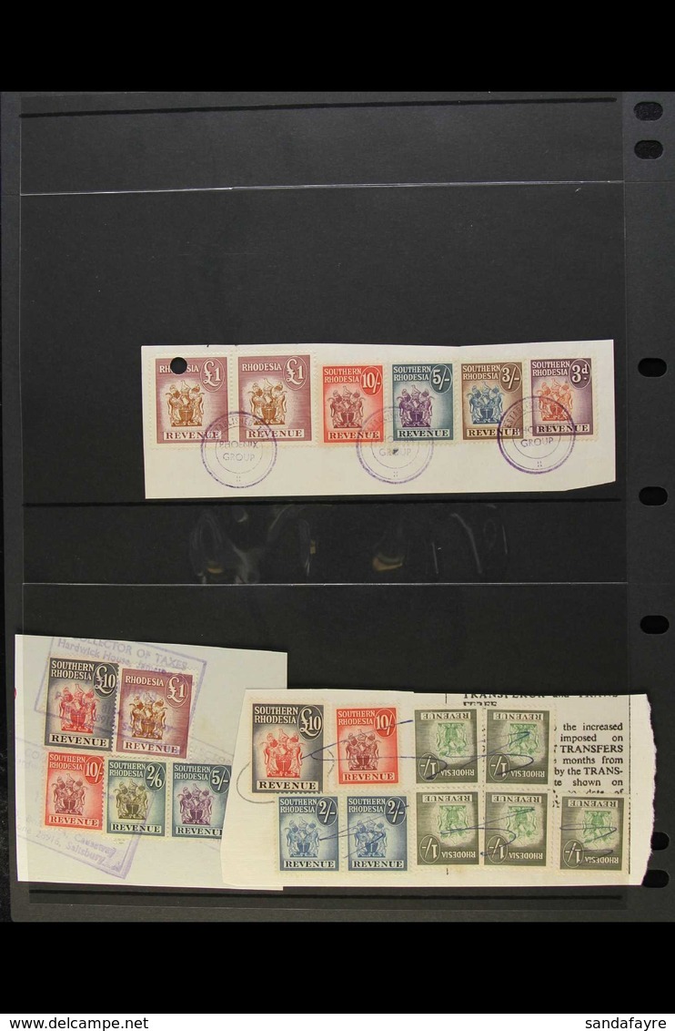 REVENUES  1954 Arms Values To £10 On Three Pieces, Each Piece Shows Mixed Use With 1966 Inscribed "Rhodesia" With 1s & £ - Rhodesia Del Sud (...-1964)