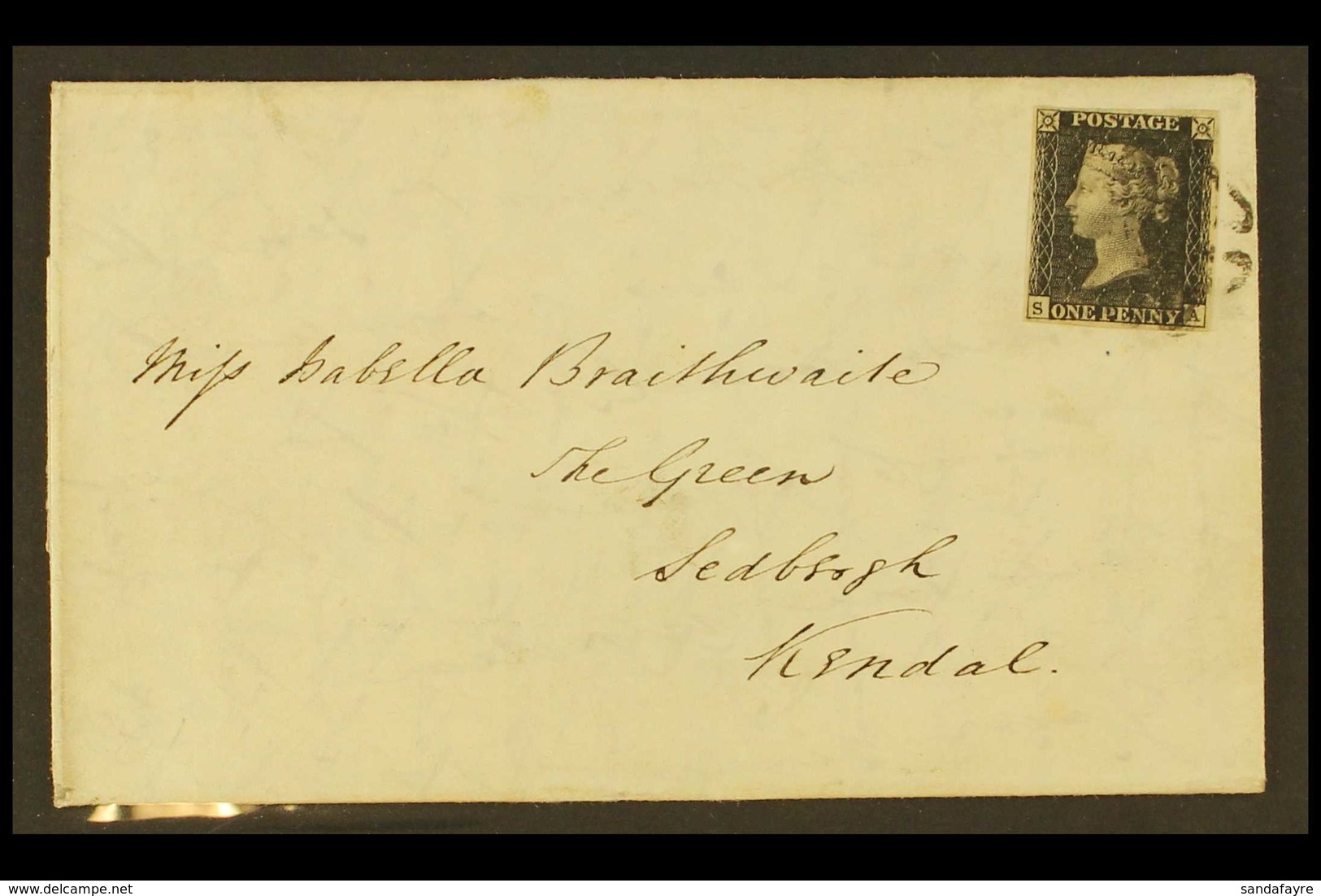 1841  (7 May) EL From Shrewsbury To Kendal Bearing 1d Black 'SA' Plate 5 With 4 Margins, Tied Black MC Cancellation Whic - Non Classificati