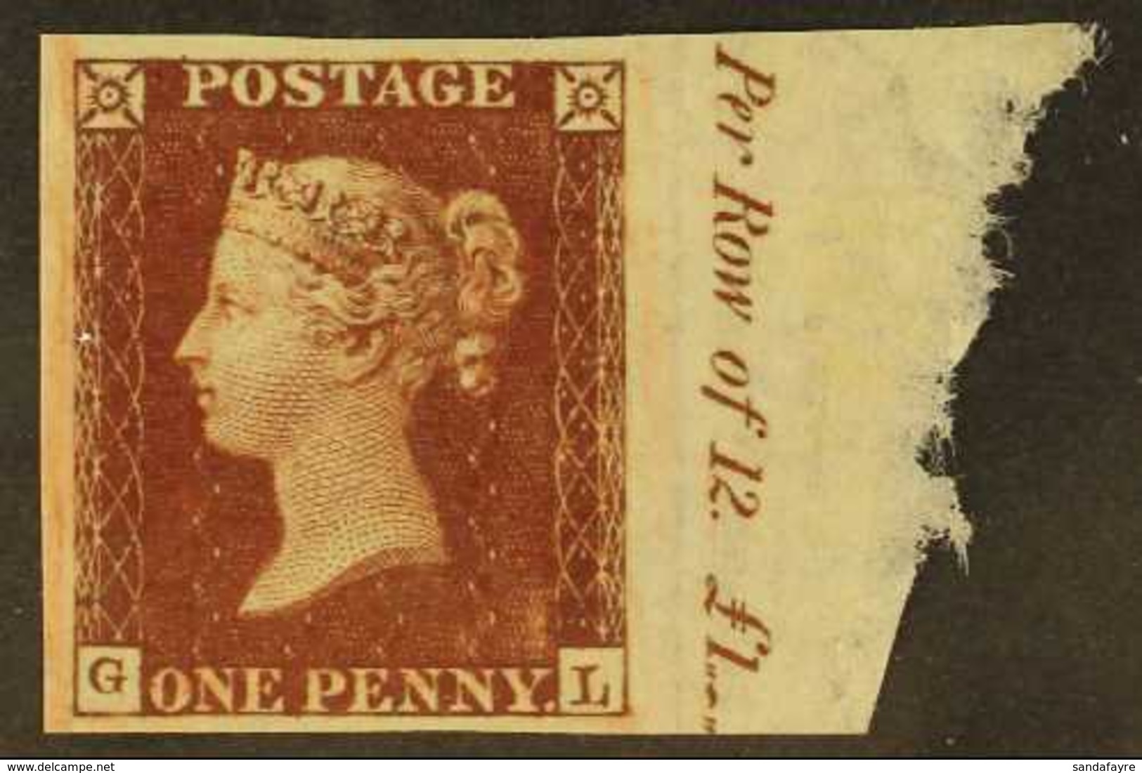 1854  1d Red- Brown 'GL' Plate 200 Imperf IMPRIMATUR On Blued Wmk Small Crown With Portion Of Sheet Margin At Base Showi - Altri & Non Classificati