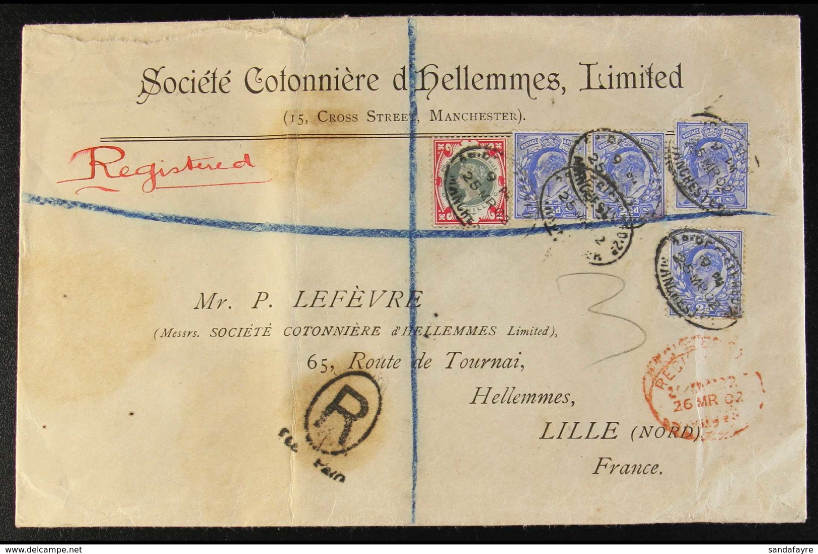 1902  (25 Mar) Envelope Registered From Manchester To France Bearing The QV 1s Green And Carmine "Jubilee" (SG 214) & KE - Altri & Non Classificati