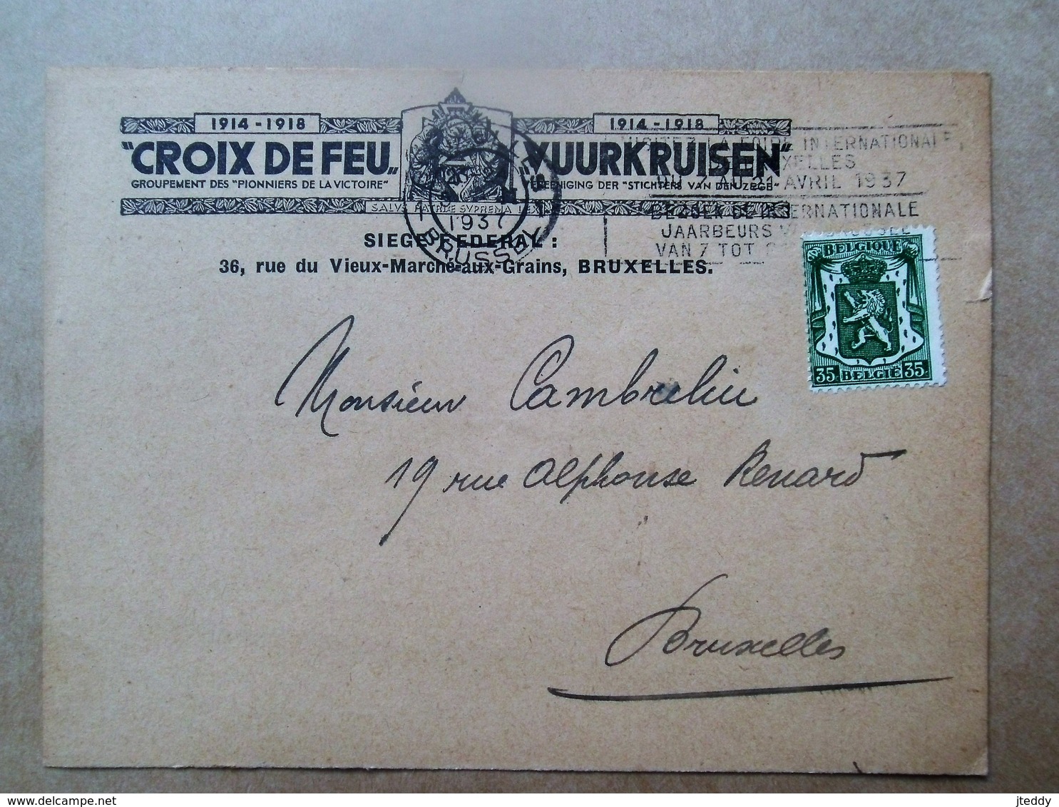 " Croix De Feu    VUURKRUISEN  1914-1918    Verstuurd Naar MONS. CAMBRELIU - 1914-18