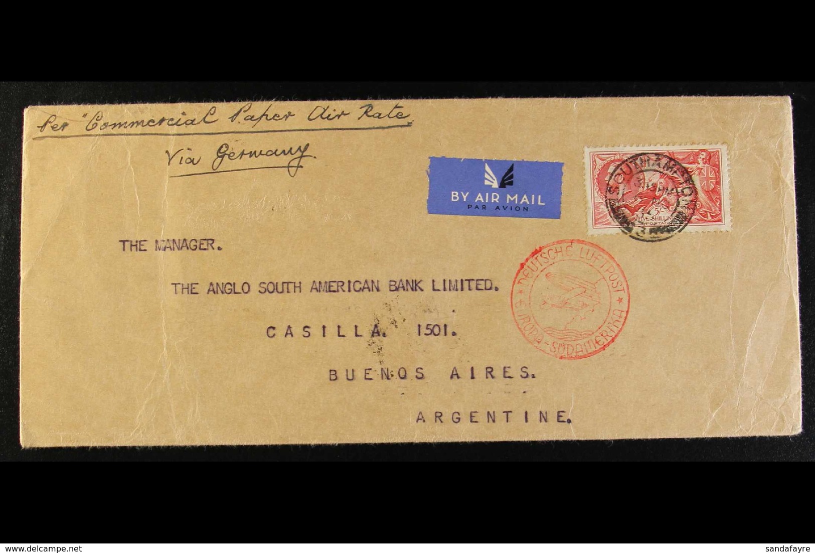 ZEPPELIN MAIL  1935 5s Carmine Re-engraved Seahorse Tied To Commercial Cover To Buenos Aires, Tied By Southampton Cds, W - Ohne Zuordnung