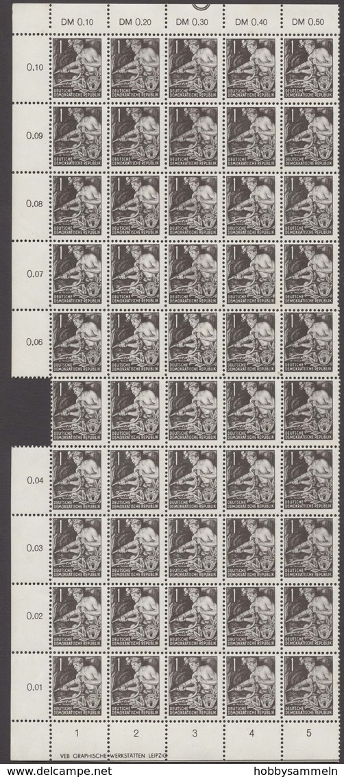 DDR, 1953, Fünfjahrplan I, MiNr. 362-379 (ohne 371), **, Halbe Schalterbögen Ungefaltet (50), Meist Mit DV, Meist Mit RL - Ongebruikt