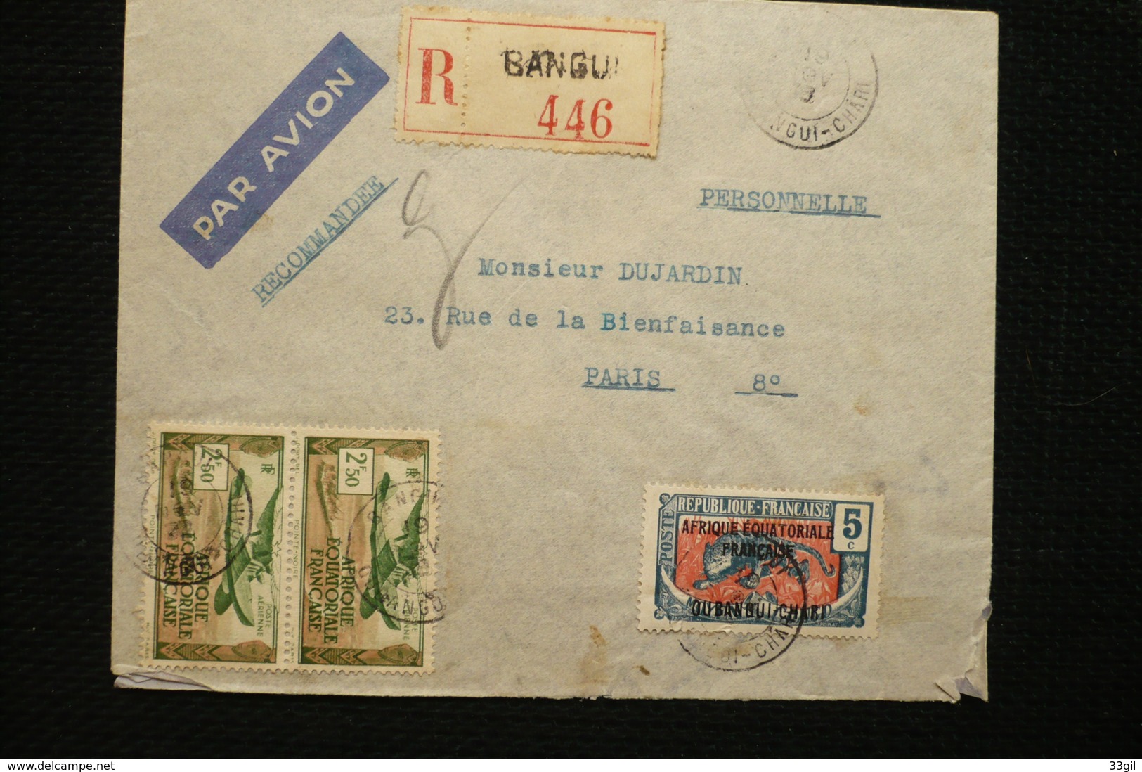 Lettre Avion Recommandée Mixte AEF  Oubangui Chari  19/02/38 - Briefe U. Dokumente