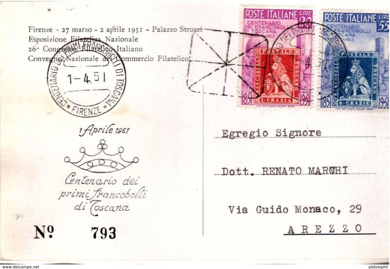 Cartolina 100° FRANCOBOLLI DI TOSCANA 1951 - FDC