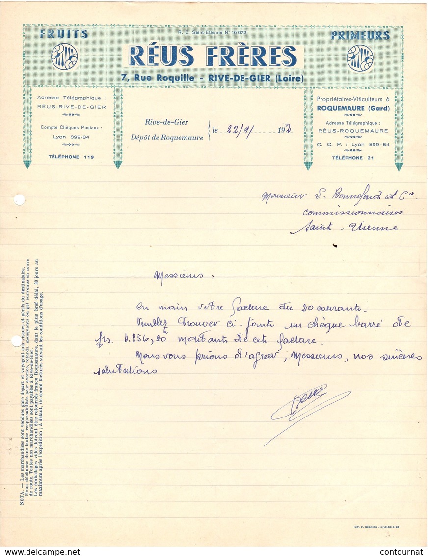 30 ROQUEMAURE 42 RIVE DE GIER Loire COURRIER 192. FRUITS PRIMEURS  REUS Frères REUS  Fruits Légumes  A44 - 1900 – 1949